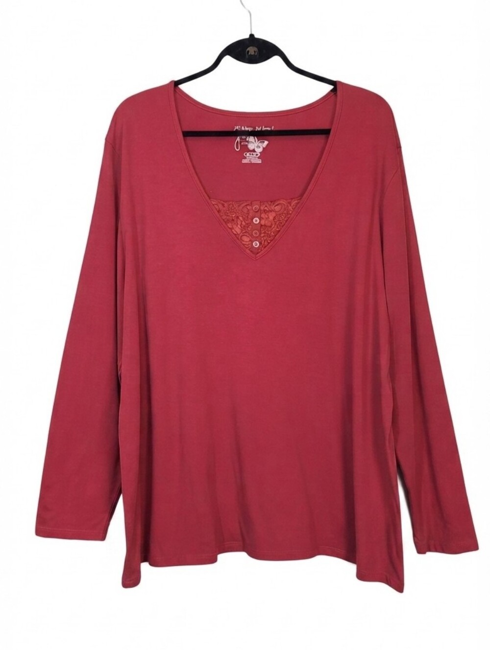 Just My Size JMS Plus Size 4X Red Long Sleeve Top Vneck Lace Button Accent